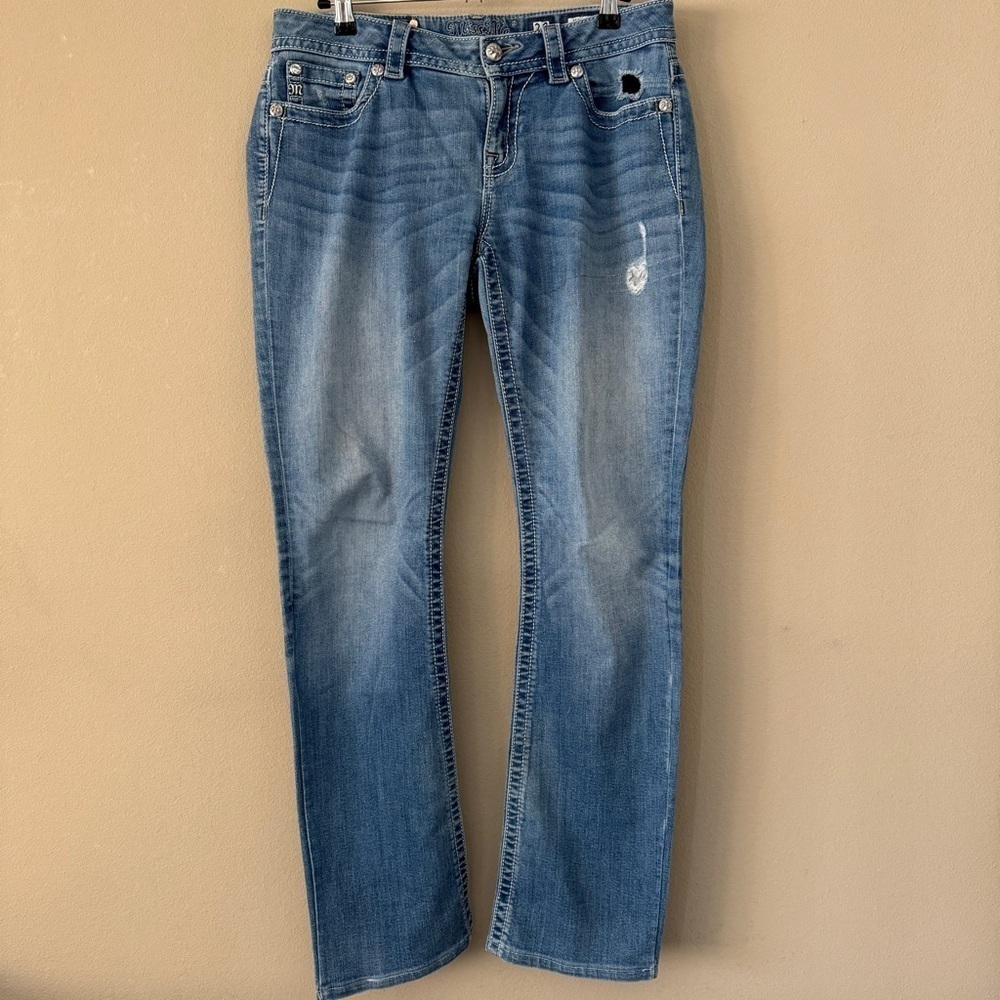 Miss Me Fleur De Lis Mid Rise Boot Cut Blue Jeans Size 29 - Picture 5 of 9